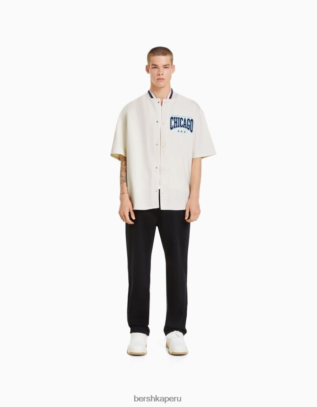 exclusivo Bershka hombres camisa de mezclilla de manga corta con rayas deportivas retro 806J6B2885