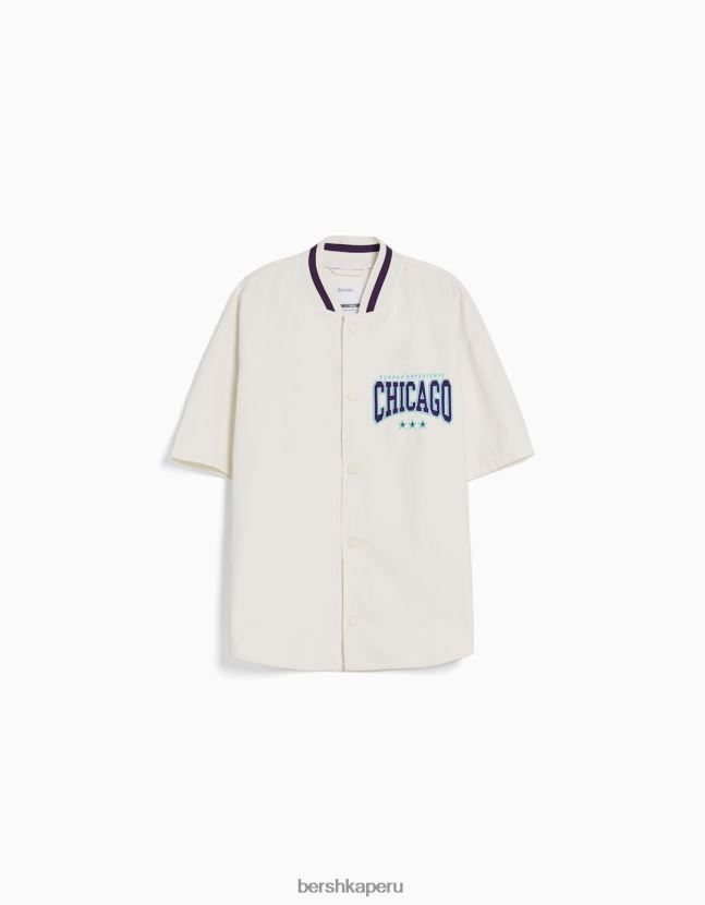 exclusivo Bershka hombres camisa de mezclilla de manga corta con rayas deportivas retro 806J6B2885