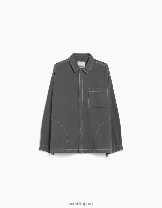 gris oscuro Bershka hombres sobrecamisa vaquera de manga larga con hilos en contraste y stoppers 806J6B2933