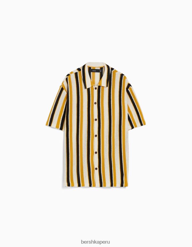 mostaza Bershka hombres camisa rústica de manga corta con estampado de rayas verticales 806J6B2898