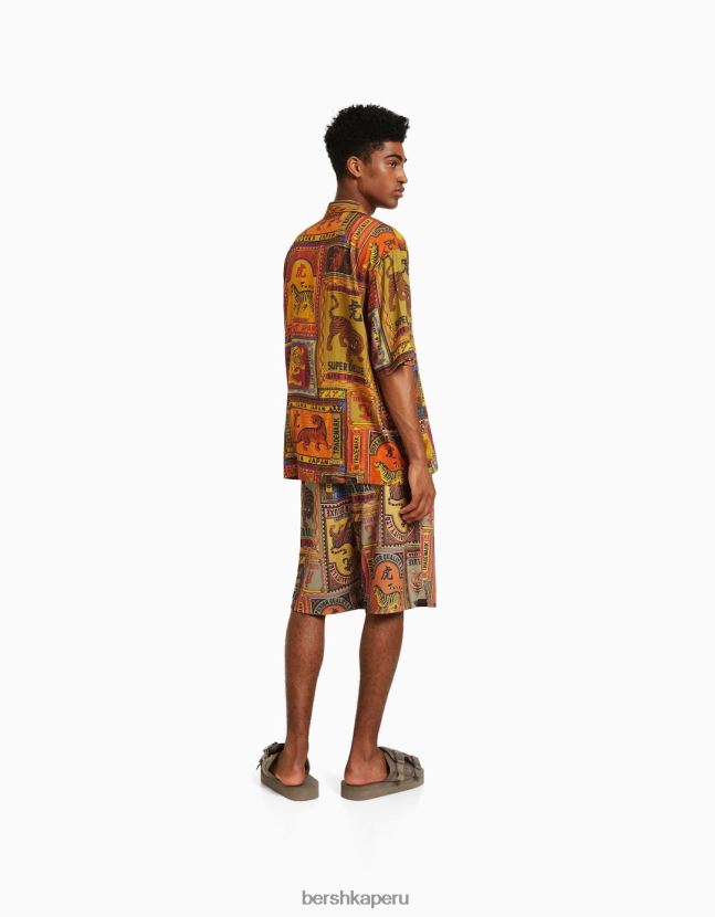 naranja Bershka hombres camisa de manga corta estampada 806J6B2859