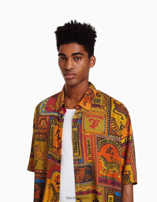 naranja Bershka hombres camisa de manga corta estampada 806J6B2859