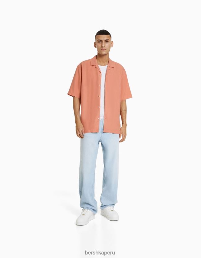 naranja Bershka hombres camisa rústica holgada de manga corta 806J6B2943