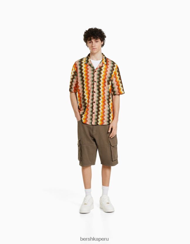 naranja Bershka hombres camisa retro rústica de manga corta 806J6B2899