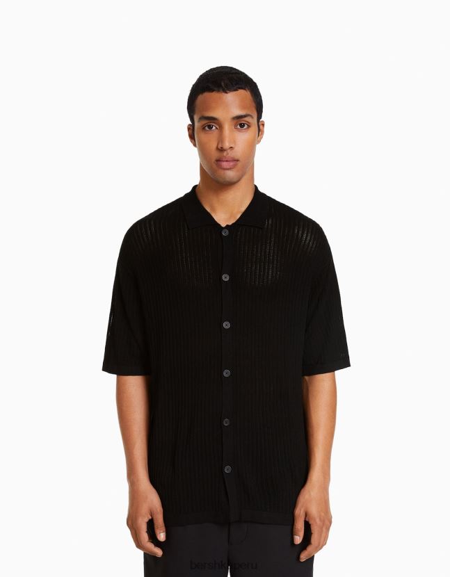negro Bershka hombres camisa basica manga corta punto abierto 806J6B2924