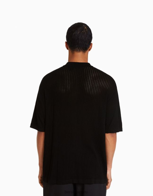 negro Bershka hombres camisa basica manga corta punto abierto 806J6B2924
