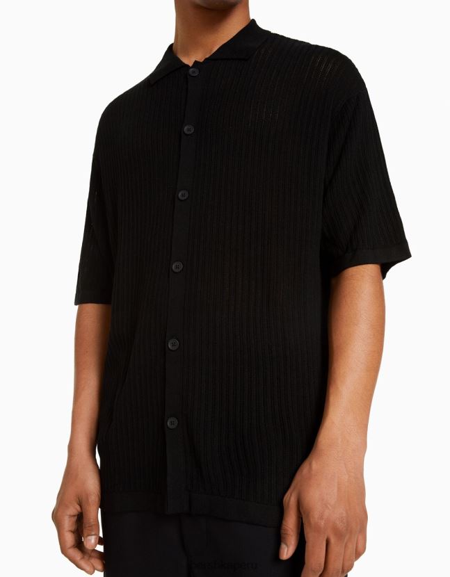negro Bershka hombres camisa basica manga corta punto abierto 806J6B2924