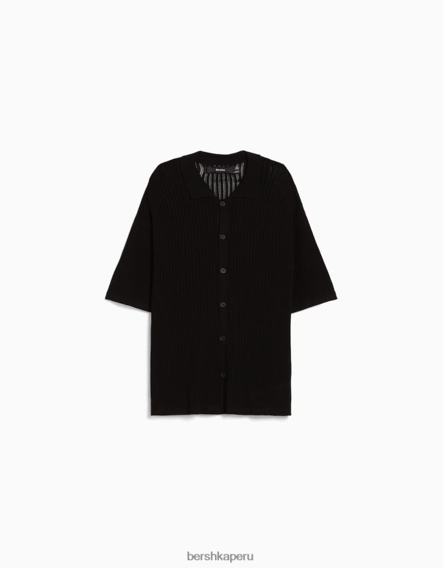 negro Bershka hombres camisa basica manga corta punto abierto 806J6B2924