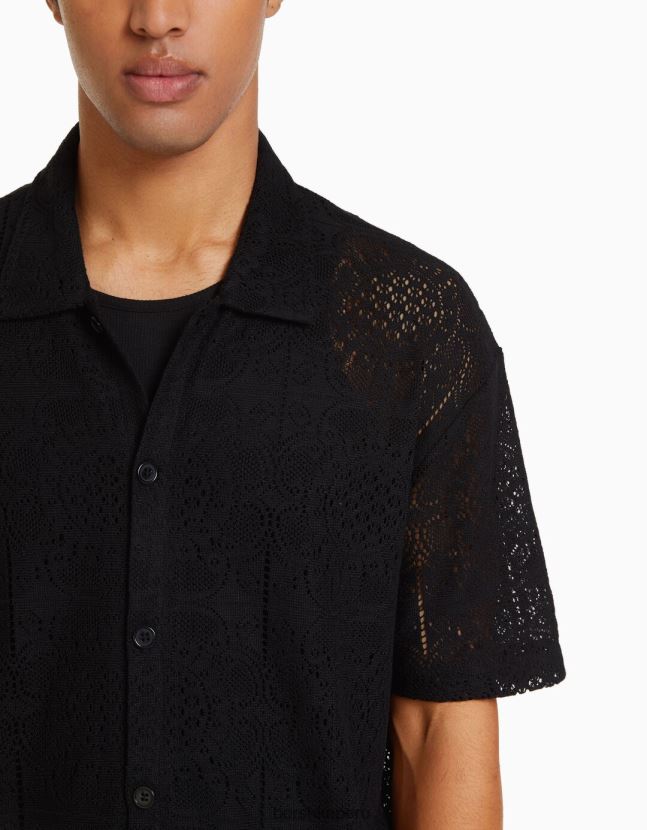 negro Bershka hombres camisa de crochet floral negra 806J6B2922