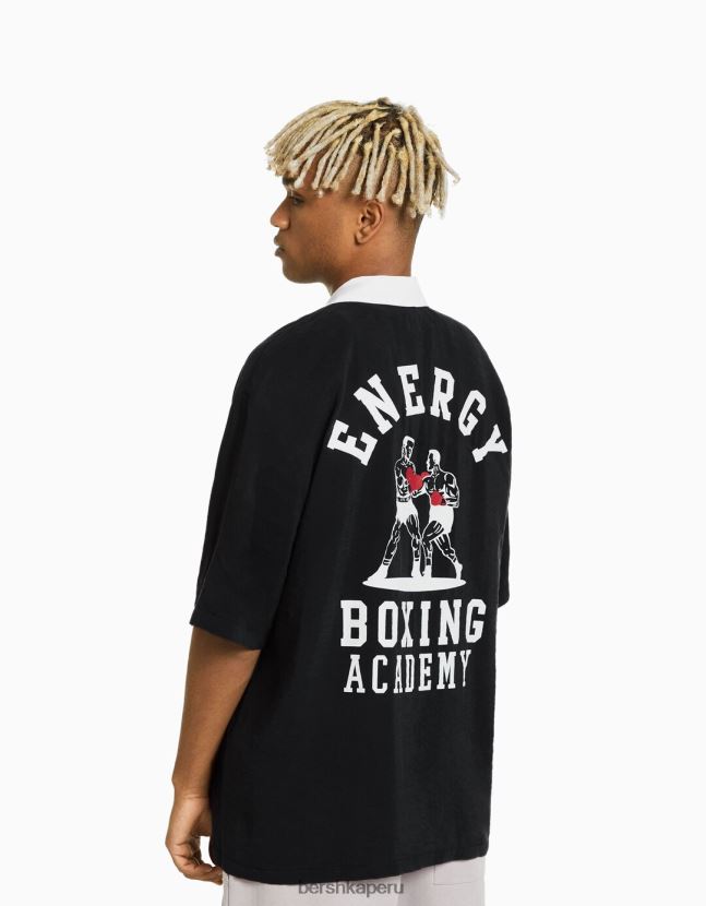 negro Bershka hombres camisa de manga corta con estampado de boxeo en contraste 806J6B2874