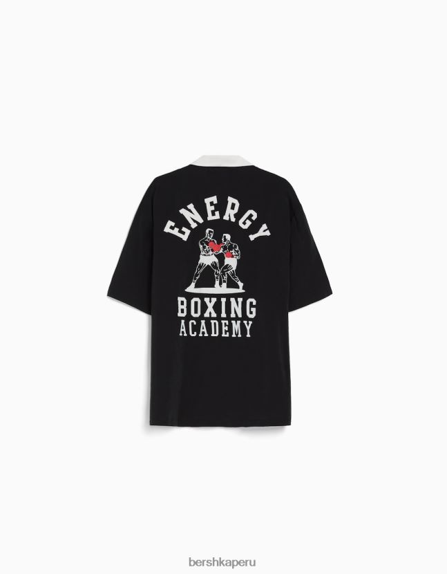 negro Bershka hombres camisa de manga corta con estampado de boxeo en contraste 806J6B2874