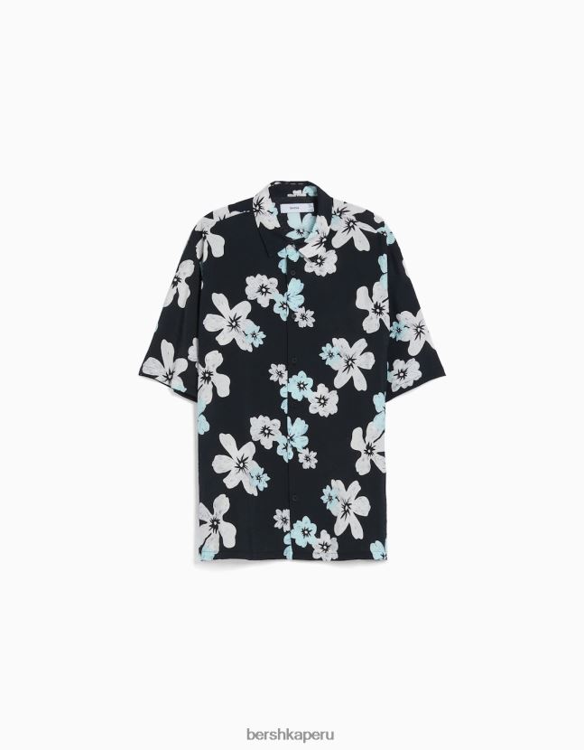 negro Bershka hombres camisa de manga corta con estampado floral 806J6B2891