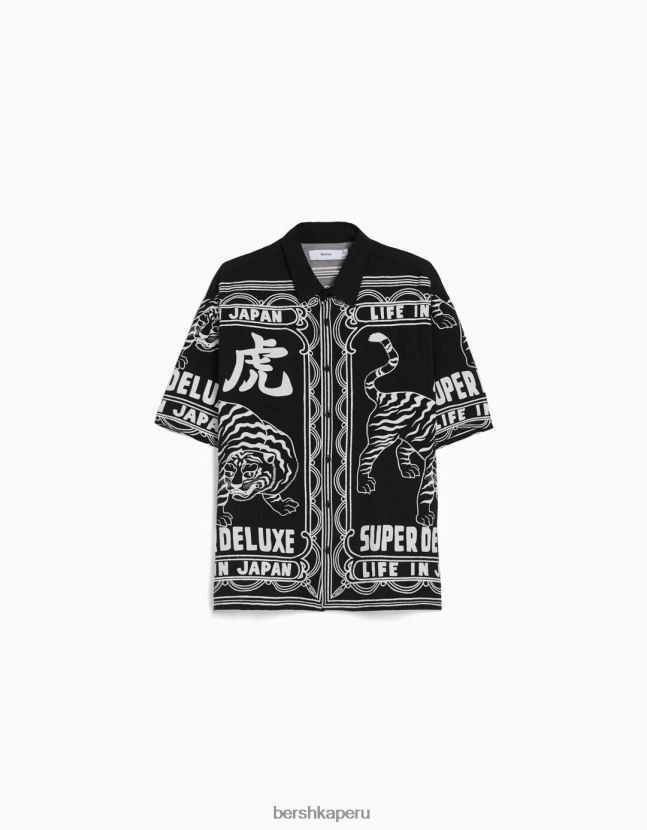 negro Bershka hombres camisa de manga corta estampada 806J6B2860