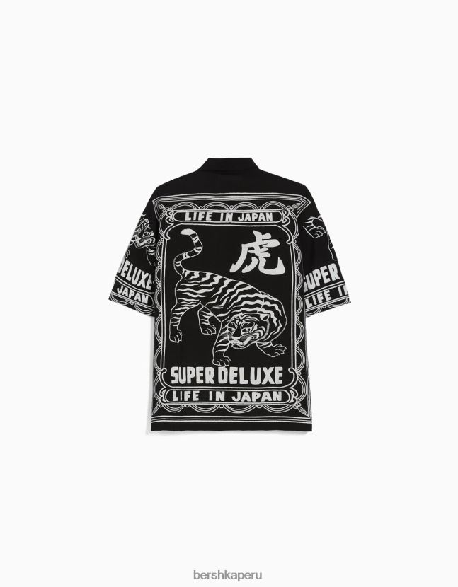 negro Bershka hombres camisa de manga corta estampada 806J6B2860