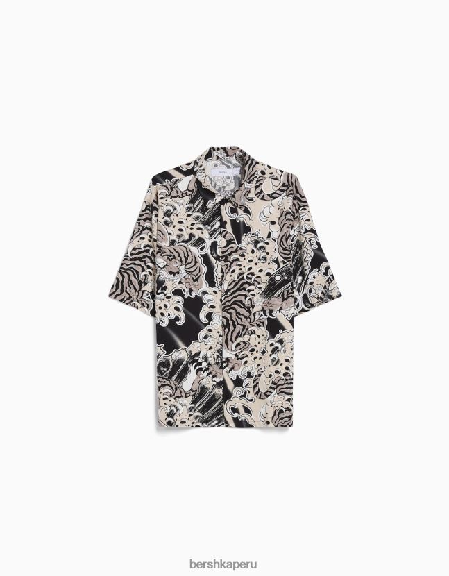 negro Bershka hombres camisa de manga corta estampada 806J6B2871