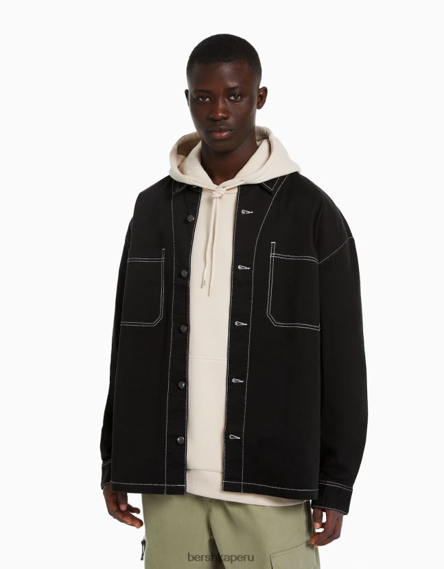 negro Bershka hombres sobrecamisa de algodón con hilos en contraste 806J6B2937