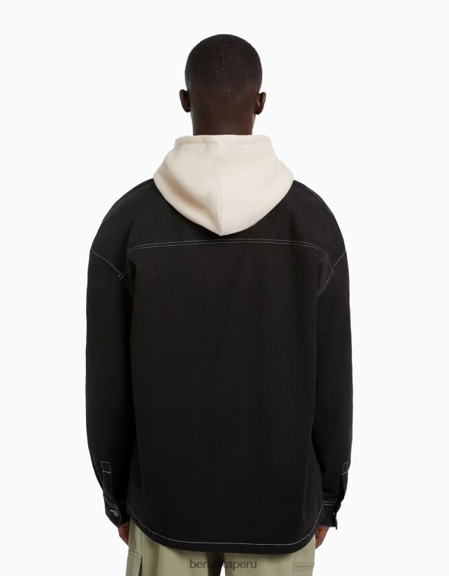 negro Bershka hombres sobrecamisa de algodón con hilos en contraste 806J6B2937