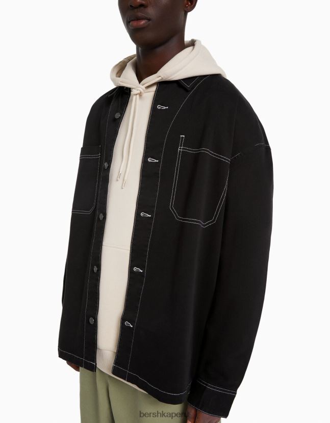 negro Bershka hombres sobrecamisa de algodón con hilos en contraste 806J6B2937