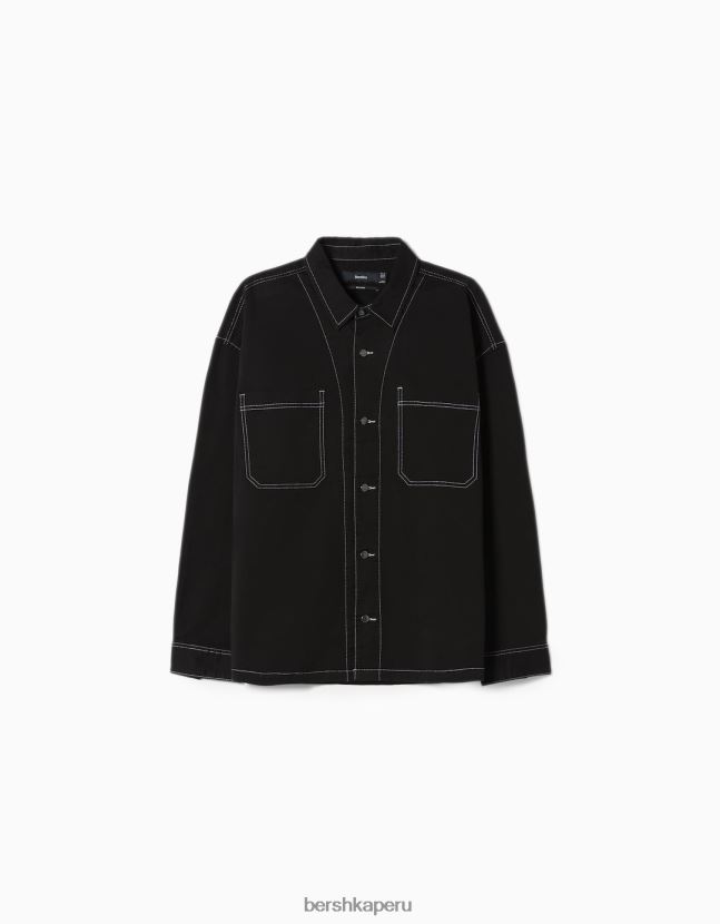 negro Bershka hombres sobrecamisa de algodón con hilos en contraste 806J6B2937