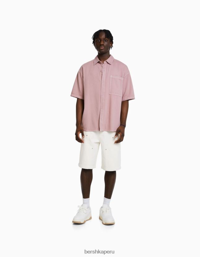 rosa Bershka hombres camisa oversize de manga corta 806J6B2916
