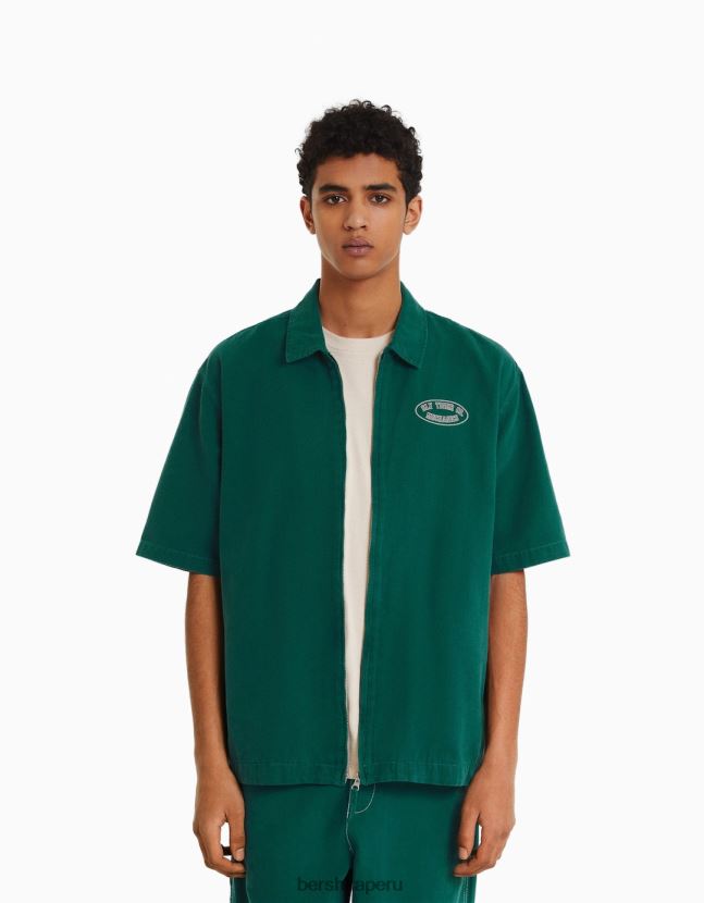 verde Bershka hombres sobrecamisa de lona de manga corta con cremallera 806J6B2861