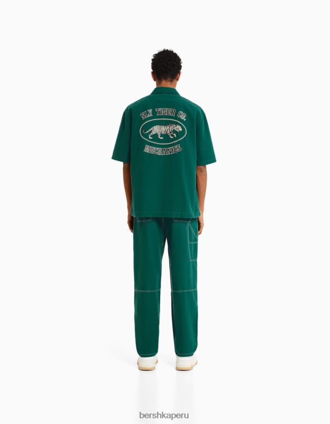 verde Bershka hombres sobrecamisa de lona de manga corta con cremallera 806J6B2861
