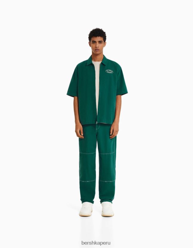 verde Bershka hombres sobrecamisa de lona de manga corta con cremallera 806J6B2861