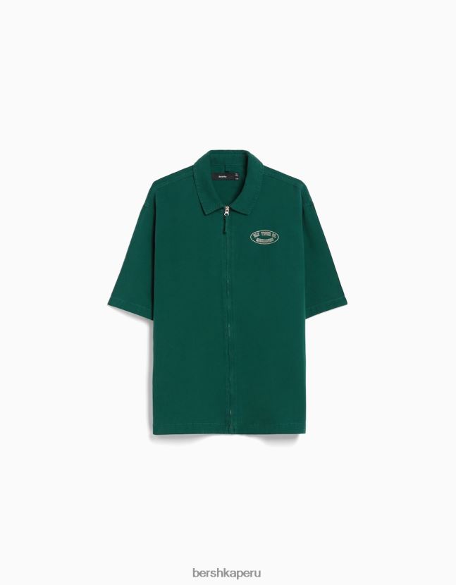 verde Bershka hombres sobrecamisa de lona de manga corta con cremallera 806J6B2861