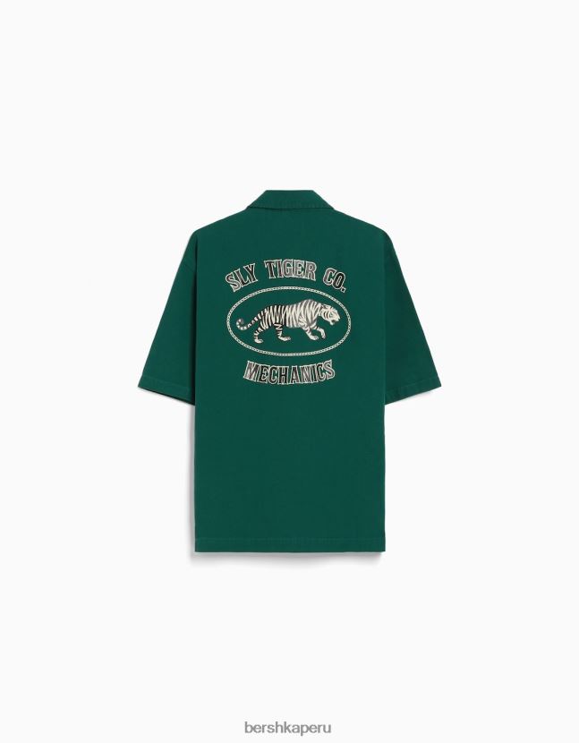 verde Bershka hombres sobrecamisa de lona de manga corta con cremallera 806J6B2861