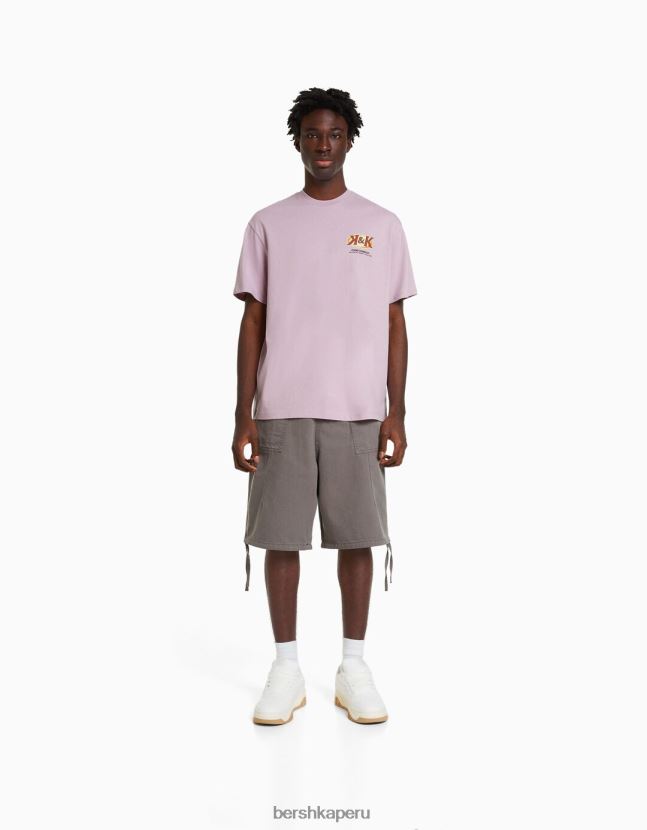 Violeta Bershka hombres camiseta de manga corta con estampado 806J6B2756