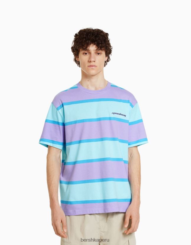 Violeta Bershka hombres camiseta oversize de manga corta a rayas de los años 90 806J6B2642