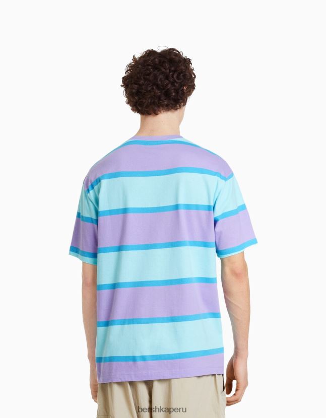 Violeta Bershka hombres camiseta oversize de manga corta a rayas de los años 90 806J6B2642