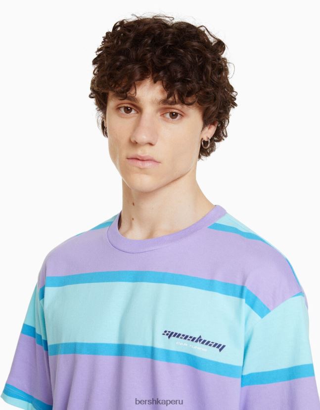 Violeta Bershka hombres camiseta oversize de manga corta a rayas de los años 90 806J6B2642