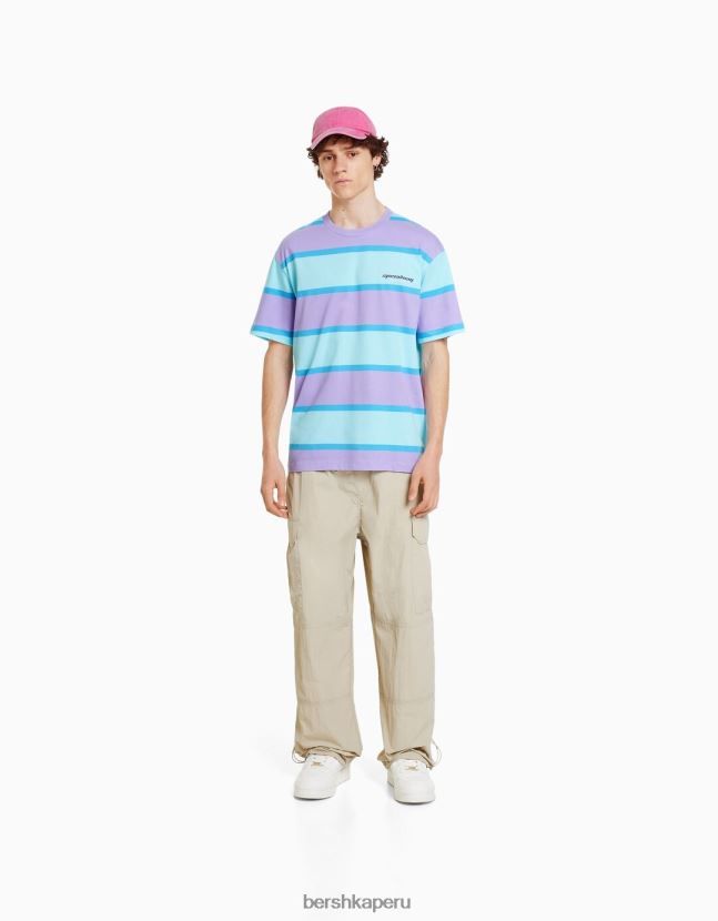 Violeta Bershka hombres camiseta oversize de manga corta a rayas de los años 90 806J6B2642