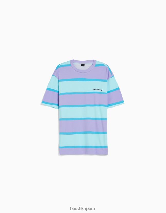 Violeta Bershka hombres camiseta oversize de manga corta a rayas de los años 90 806J6B2642