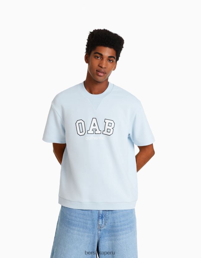 azul claro Bershka hombres camiseta de manga corta afelpada con estampado universitario 806J6B2767