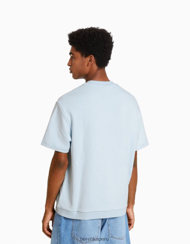 azul claro Bershka hombres camiseta de manga corta afelpada con estampado universitario 806J6B2767