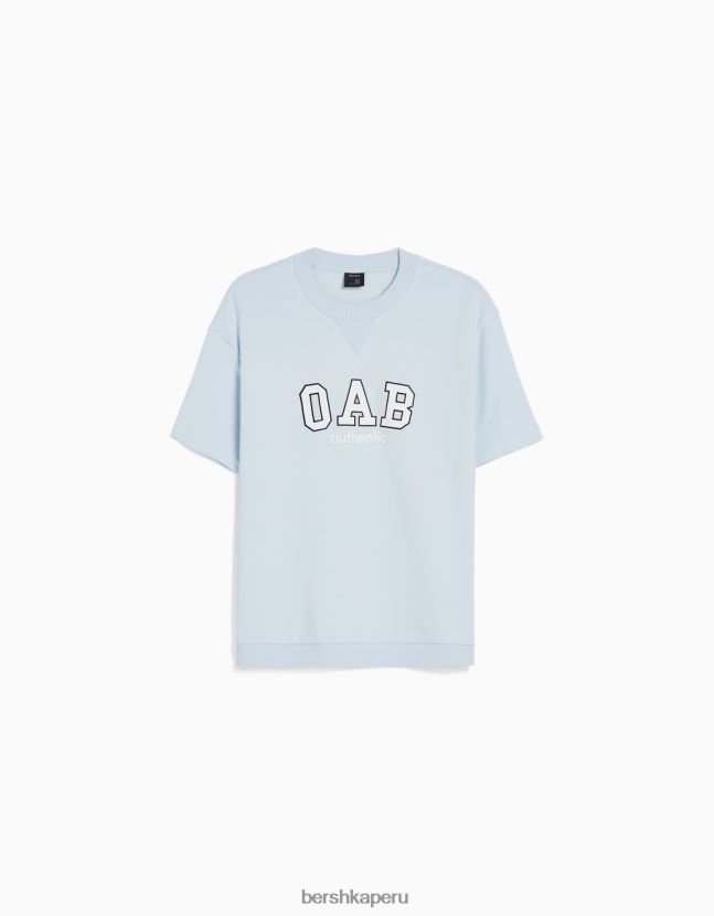azul claro Bershka hombres camiseta de manga corta afelpada con estampado universitario 806J6B2767