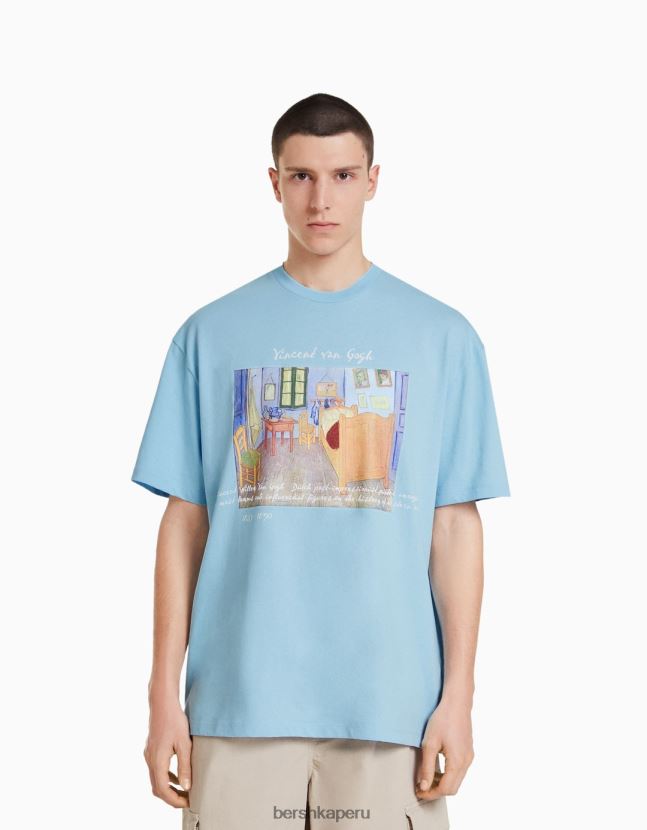 azul claro Bershka hombres camiseta de manga corta con estampado de van gogh 806J6B2627