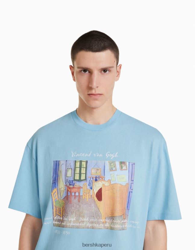 azul claro Bershka hombres camiseta de manga corta con estampado de van gogh 806J6B2627