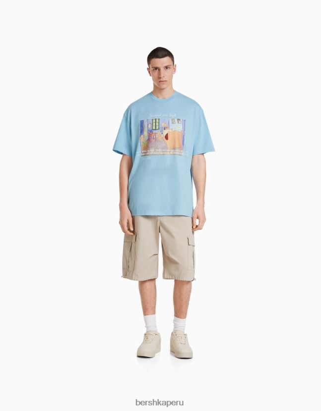 azul claro Bershka hombres camiseta de manga corta con estampado de van gogh 806J6B2627