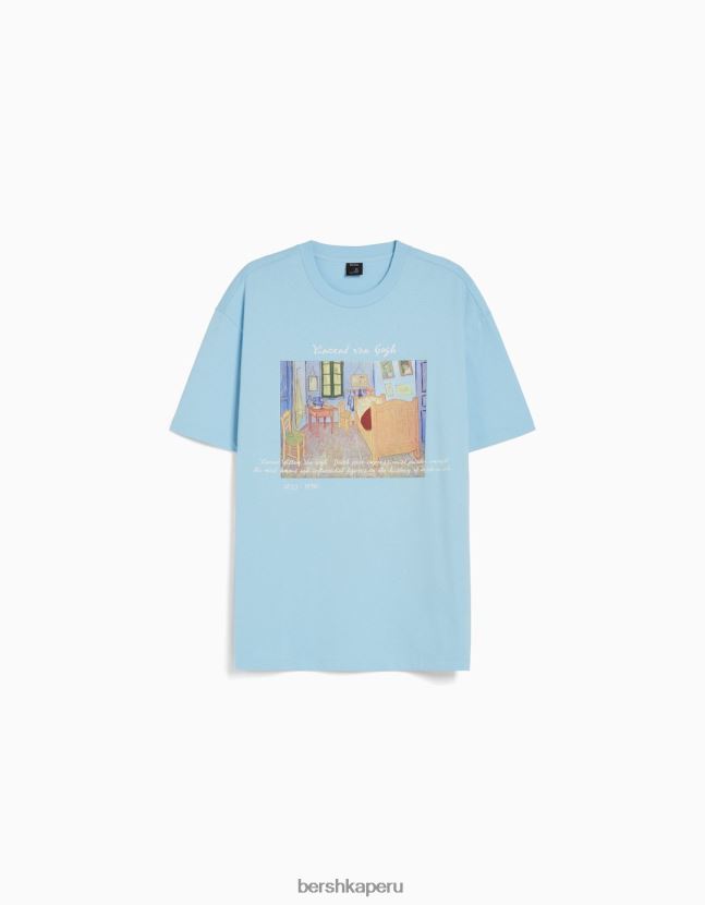 azul claro Bershka hombres camiseta de manga corta con estampado de van gogh 806J6B2627