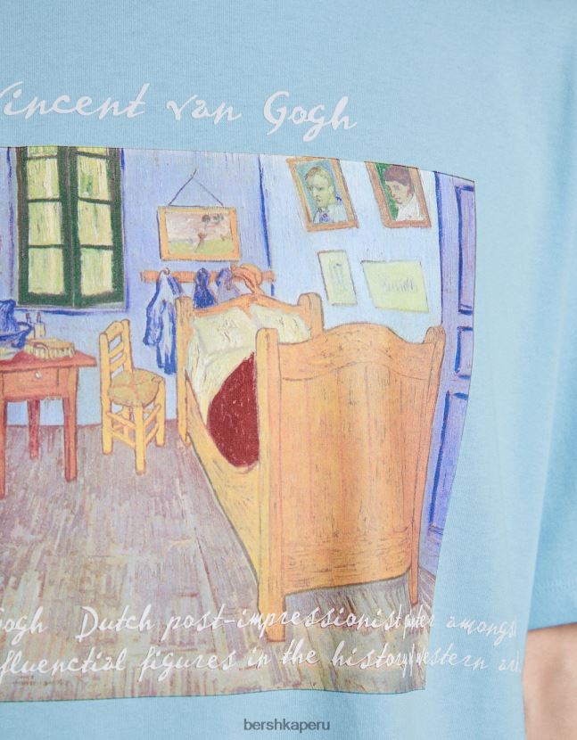 azul claro Bershka hombres camiseta de manga corta con estampado de van gogh 806J6B2627