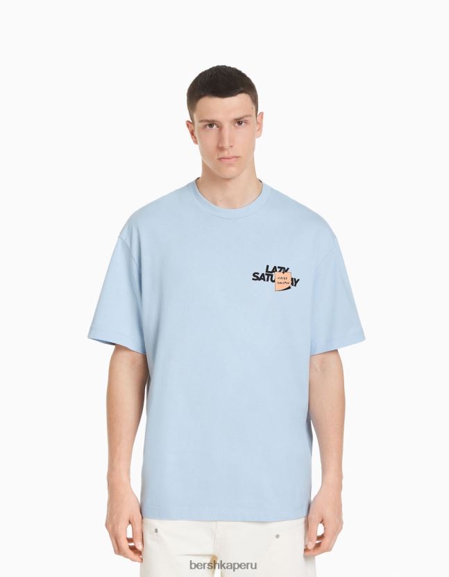 azul claro Bershka hombres playera de manga corta con estampado boxy fit 806J6B2702