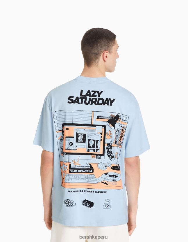 azul claro Bershka hombres playera de manga corta con estampado boxy fit 806J6B2702