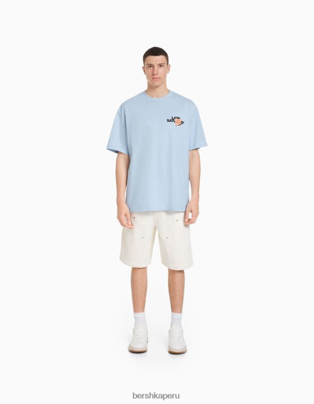 azul claro Bershka hombres playera de manga corta con estampado boxy fit 806J6B2702