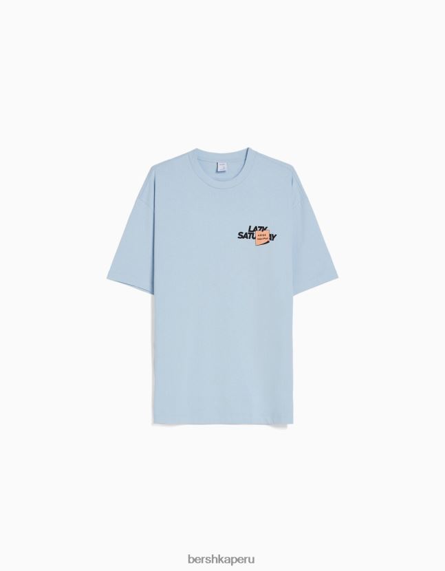 azul claro Bershka hombres playera de manga corta con estampado boxy fit 806J6B2702