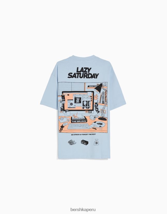 azul claro Bershka hombres playera de manga corta con estampado boxy fit 806J6B2702