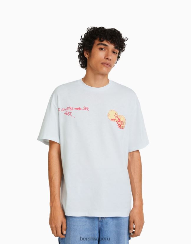 azul claro Bershka hombres playera de manga corta con estampado boxy fit 806J6B2805
