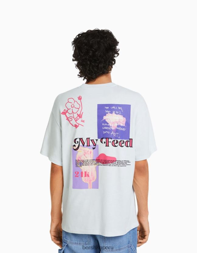 azul claro Bershka hombres playera de manga corta con estampado boxy fit 806J6B2805